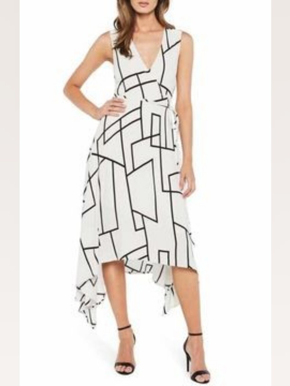 Bardot White & Black Asymmetrical-geometric Wrap Dress..Size:6